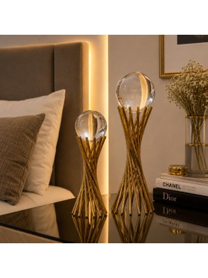 Vien Home Gold Metal Gövdeli Cam Küre Dekoratif Obje Seti – 2'li Lüks Salon ve Ofis Aksesuarı (26 cm & 30 Cm)
