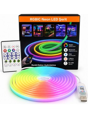 Ledarmy RGBIC Neon LED Şerit 5 Metre 5V USB Bluetooth Uygulama Kontrollü 156 LED/m IP65 Suya Dayanıklı Renkli Oda TV Masa Gamer Dekor Aydınlatma Seti