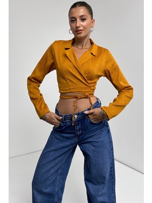 Gömlek Yaka Beli Bağlamalı Crop Bluz - Hardal - M