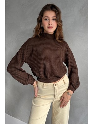 Balıkçı Yaka Dokulu Crop Bluz - Kahverengi - M