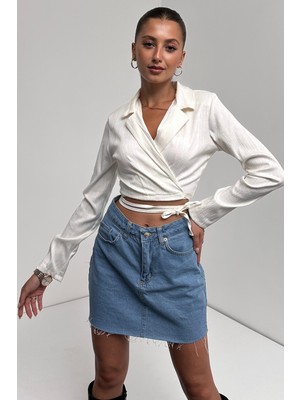 Gömlek Yaka Beli Bağlamalı Crop Bluz - Beyaz - Xl