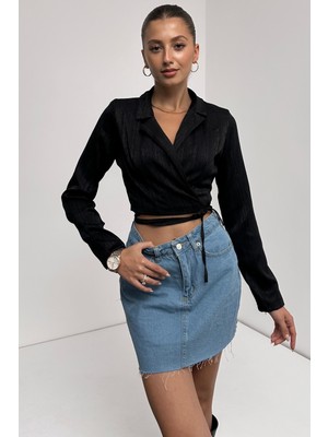 Gömlek Yaka Beli Bağlamalı Crop Bluz - Siyah