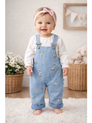 Uçurtma Baby Kids Babybuu Çiçek Nakışlı Kot Mevsimlik Kız Bebek Salopet Takımı