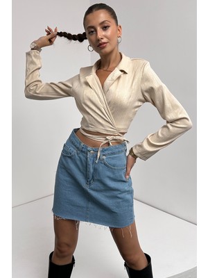 Gömlek Yaka Beli Bağlamalı Crop Bluz - Krem - L