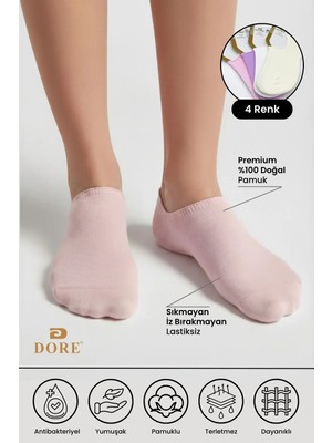 Dore 4 Çift Premium Pamuklu Penye Konforlu Dikişsiz Görünmez Spor Ayakkabı Sneaker Çorap Pembe Lila Krem Beyaz 36 - 40
