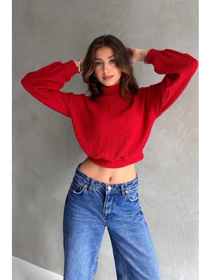 Balıkçı Yaka Dokulu Crop Bluz - Kırmızı - Xl