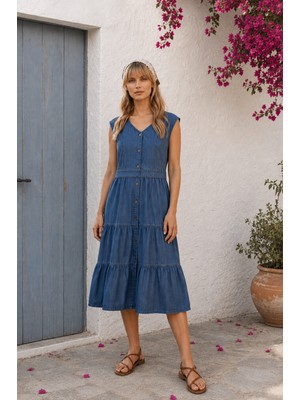 Hc Kids Wear Kadın Büyük Beden Kot Elbise Yazlık Kolsuz Düğmeli Midi Boy Denim Elbise