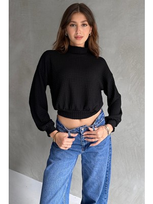 NİDO MODA Balıkçı Yaka Dokulu Crop Bluz - Siyah - M