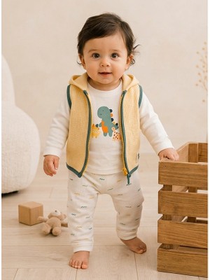 Hafy Baby Erkek Bebek, Kapüşonlu, Dinozor Desenli  3'lü Yelek Pantolon Kombini