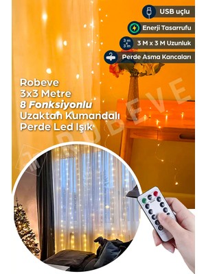 St. Morritz 3x3 Metre USB Peri LED Kumandalı Perde Asma Kancalı Peri LED Yılbaşı LED Gün Işığı LED Işık 8 Modlu