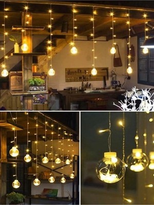 St. Morritz Dekoratif Işıklı Saçaklı Top Perde LED Fişli 8 Fonksiyonlu Günışığı