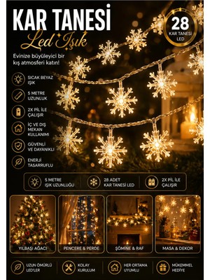 St. Morritz Kar Tanesi LED Işık 5 Metre 28 LED 3x Pilli Yılbaşı Ağaç Süsü Aydınlatma Sarkıt Dizeleri Gün Işığı