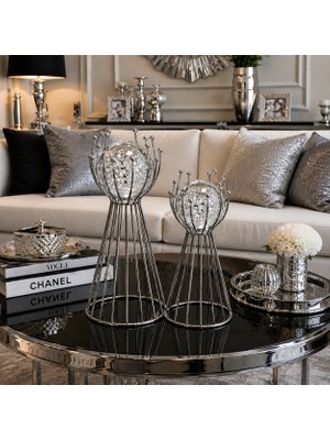 Vien Home Modern Cam Küre Dekoratif Biblo Seti – Gümüş Metal Ayaklı 2'li (25 Cm-29 Cm)