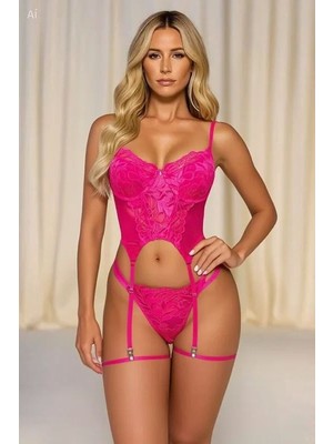 Esranın Dünyası Kadın Fuşya Dantel Transparan Bodysuit 4’lü Takım Şık Tasarım