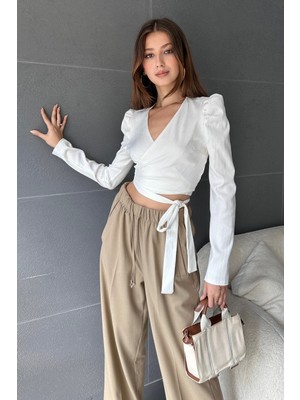 Kruvaze Yaka Beli Kuşaklı Crop Bluz - BEYAZ - S