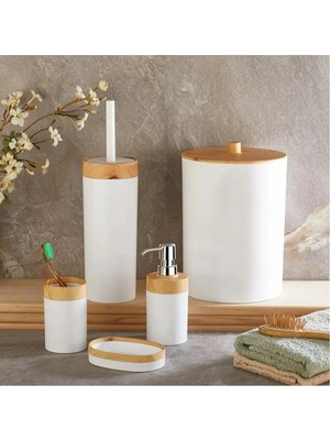 St. Morritz Mila Bambu Desenli 5'li Banyo Seti: Çöp Kovası, Fırça, Sıvı ve Katı Sabunluk, Diş Fırçalık