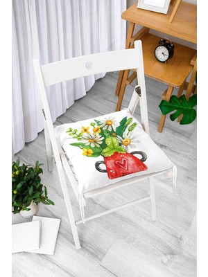 Rem Home Rengirenk Dekoratif Sandalye Minderi Beyaz Modern Bağcıklı 40 x 40 cm Mutfak Balkon Oturma Minderi