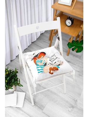 Rem Home Rengirenk Dekoratif Sandalye Minderi Beyaz Modern Bağcıklı 40 x 40 cm Mutfak Balkon Oturma Minderi
