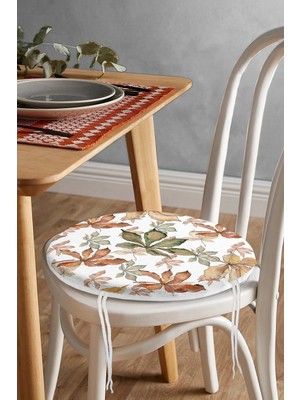 Rem Home Rengirenk Dekoratif Sandalye Minderi Beyaz Yaprak Yuvarlak 40 x 40 cm Mutfak Balkon Oturma Minderi