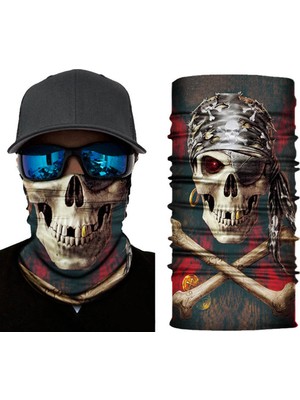 Siyah Renk Üzeri Likralı Korsan Kafatası Baskılı Baf Buff Bandana 30X48 cm Midastech