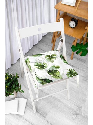 Rem Home Rengirenk Dekoratif Sandalye Minderi Beyaz Yaprak Bağcıklı 40 x 40 cm Mutfak Balkon Oturma Minderi