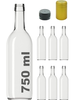 Afracam Standart Şeffaf 750 ml Sızdırmaz Kapaklı ve Kapüşonlu Boş Cam Şişe 6 Adet