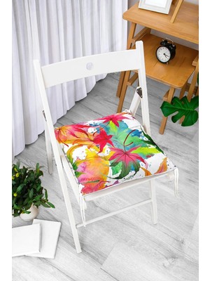 Rem Home Rengirenk Dekoratif Sandalye Minderi Beyaz Yaprak Bağcıklı 40 x 40 cm Mutfak Balkon Oturma Minderi