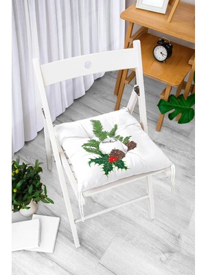 Rem Home Rengirenk Dekoratif Sandalye Minderi Beyaz Yaprak Bağcıklı 40 x 40 cm Mutfak Balkon Oturma Minderi