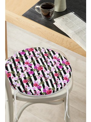 Rem Home Rengirenk Dekoratif Sandalye Minderi Sarı Çizgili Yuvarlak 40 x 40 cm Mutfak Balkon Oturma Minderi