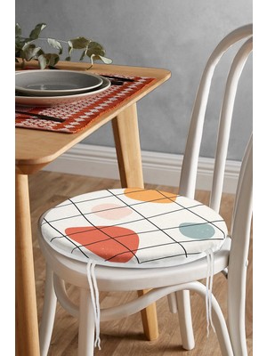 Rem Home Rengirenk Dekoratif Sandalye Minderi Beyaz Geometrik Yuvarlak 40 x 40 cm Mutfak Balkon Oturma Minderi