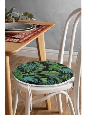 Rem Home Rengirenk Dekoratif Sandalye Minderi Siyah Yaprak Yuvarlak 40 x 40 cm Mutfak Balkon Oturma Minderi