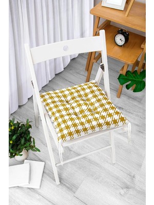 Rem Home Rengirenk Dekoratif Sandalye Minderi Beyaz Geometrik Bağcıklı 40 x 40 cm Mutfak Balkon Oturma Minderi