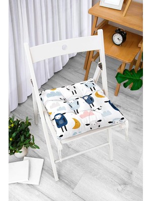 Rem Home Rengirenk Dekoratif Sandalye Minderi Beyaz Modern Bağcıklı 40 x 40 cm Mutfak Balkon Oturma Minderi