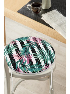 Rem Home Rengirenk Dekoratif Sandalye Minderi Beyaz Yaprak Yuvarlak 40 x 40 cm Mutfak Balkon Oturma Minderi