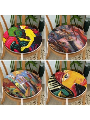 Rem Home Rengirenk Dekoratif Sandalye Minderi Sarı Soyut Yuvarlak 40 x 40 cm Mutfak Balkon Oturma Minderi