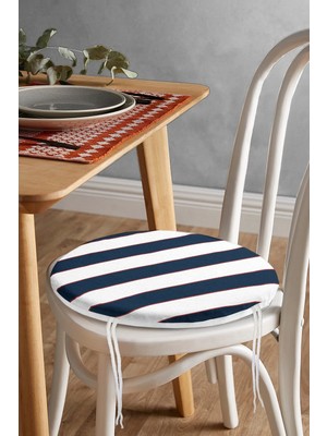 Rem Home Rengirenk Dekoratif Sandalye Minderi Beyaz Çizgili Yuvarlak 40 x 40 cm Mutfak Balkon Oturma Minderi