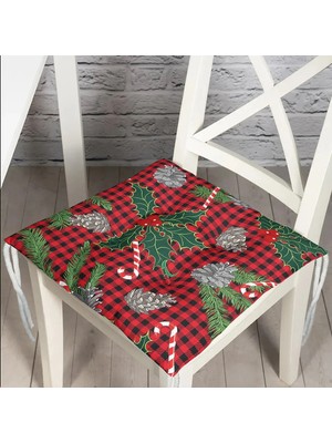 Rem Home Rengirenk Dekoratif Sandalye Minderi Beyaz Ekose Bağcıklı 40 x 40 cm Mutfak Balkon Oturma Minderi