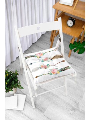Rem Home Rengirenk Dekoratif Sandalye Minderi Beyaz Çiçekli Bağcıklı 40 x 40 cm Mutfak Balkon Oturma Minderi