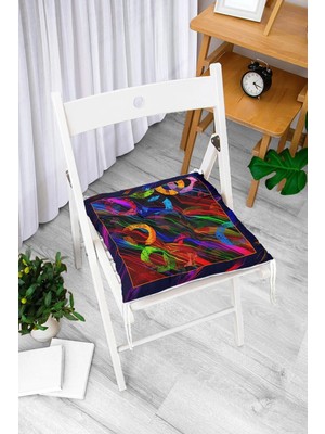 Rem Home Rengirenk Dekoratif Sandalye Minderi Beyaz Soyut Bağcıklı 40 x 40 cm Mutfak Balkon Oturma Minderi