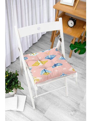 Rem Home Rengirenk Dekoratif Sandalye Minderi Beyaz Modern Bağcıklı 40 x 40 cm Mutfak Balkon Oturma Minderi