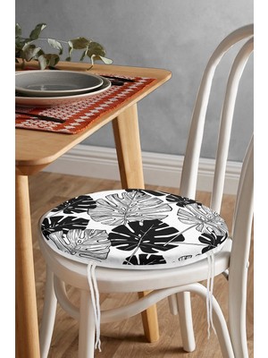 Rem Home Rengirenk Dekoratif Sandalye Minderi Beyaz Yaprak Yuvarlak 40 x 40 cm Mutfak Balkon Oturma Minderi