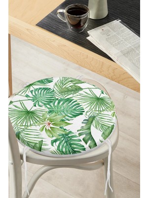 Rem Home Rengirenk Dekoratif Sandalye Minderi Beyaz Yaprak Yuvarlak 40 x 40 cm Mutfak Balkon Oturma Minderi