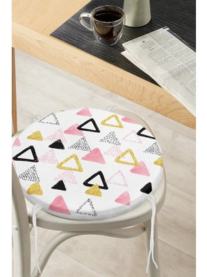 Rem Home Rengirenk Dekoratif Sandalye Minderi Beyaz Geometrik Yuvarlak 40 x 40 cm Mutfak Balkon Oturma Minderi