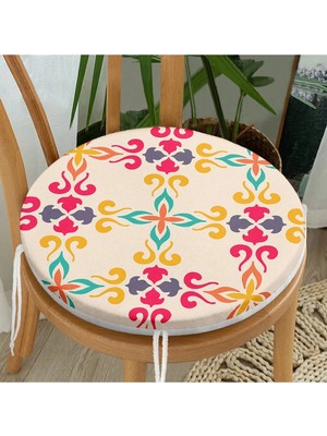 Rem Home Rengirenk Dekoratif Sandalye Minderi Krem Geometrik Yuvarlak 40 x 40 cm Mutfak Balkon Oturma Minderi