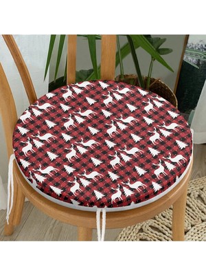 Rem Home Rengirenk Dekoratif Sandalye Minderi Kırmızı Ekose Yuvarlak 40 x 40 cm Mutfak Balkon Oturma Minderi