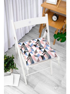Rem Home Rengirenk Dekoratif Sandalye Minderi Beyaz Geometrik Bağcıklı 40 x 40 cm Mutfak Balkon Oturma Minderi