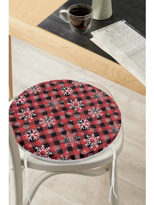 Rem Home Rengirenk Dekoratif Sandalye Minderi Kırmızı Ekose Yuvarlak 40 x 40 cm Mutfak Balkon Oturma Minderi