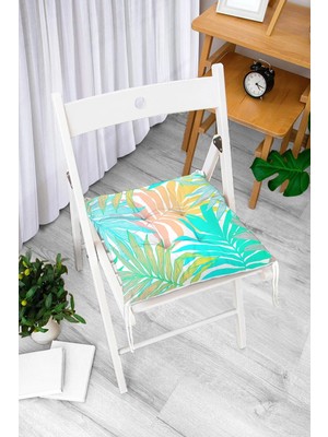 Rem Home Rengirenk Dekoratif Sandalye Minderi Beyaz Yaprak Bağcıklı 40 x 40 cm Mutfak Balkon Oturma Minderi