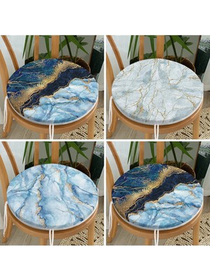 Rem Home Rengirenk Dekoratif Sandalye Minderi Mavi Mermer Yuvarlak 40 x 40 cm Mutfak Balkon Oturma Minderi