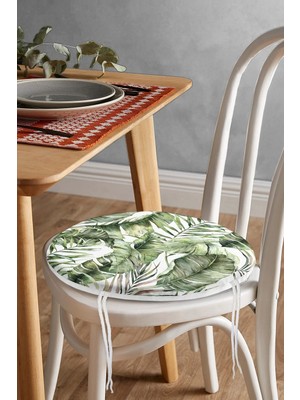 Rem Home Rengirenk Dekoratif Sandalye Minderi Yeşil Yaprak Yuvarlak 40 x 40 cm Mutfak Balkon Oturma Minderi